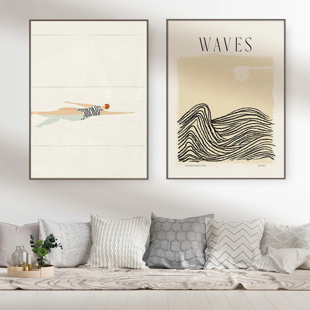 Nordic Swimmers Minimalistisches Leinwandbild, Schwimmbad-Poster, Big Wave Surf Prints, Wandkunst, Bilder für Badezimmer, Hausdekor