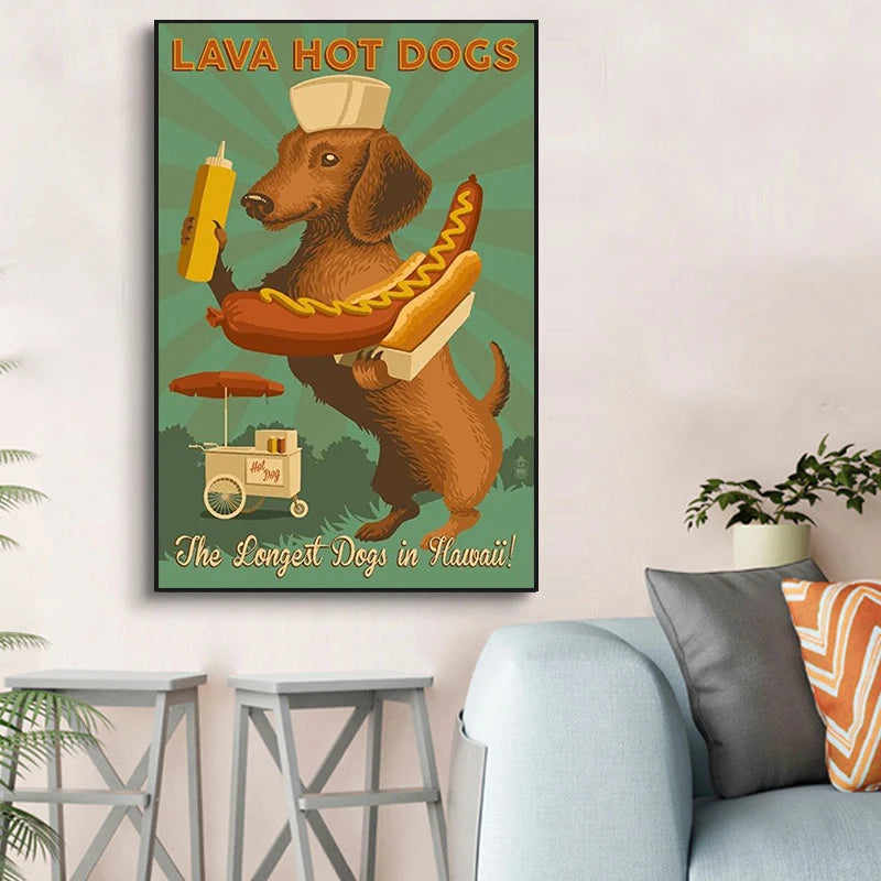 Póster e impresión de perro salchicha de dibujos animados divertidos, pintura en lienzo de animales kawaii, imagen artística de pared para dormitorio infantil, decoración del hogar, regalo